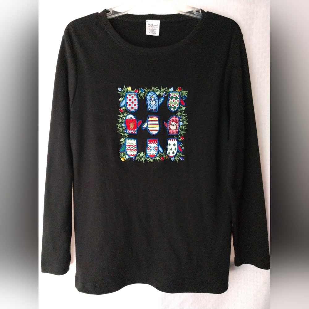 Westbound Petites Mittens Christmas Shirt Black Multicolor Size Large Chest 40"